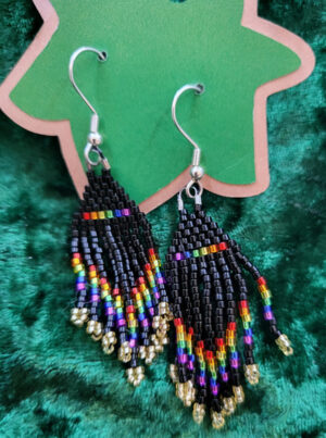 BlackRainbowBrickStitch Woven bead earrings in a fringed triangular pattern, mostly black but with rainbow accents on the base and fringe.
