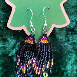 Woven bead triangle earrings with long bead fringe, mostly black with a purple-pink-orange-yellow gradient.